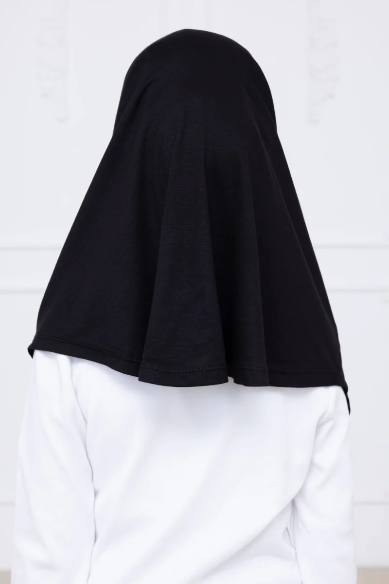 Pratik Hazır Geçmeli Çocuk Şal, Kendinden Boneli Lastikli Hijab Başörtü Siyah - 5