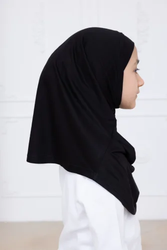 Pratik Hazır Geçmeli Çocuk Şal, Kendinden Boneli Lastikli Hijab Başörtü Siyah - 6