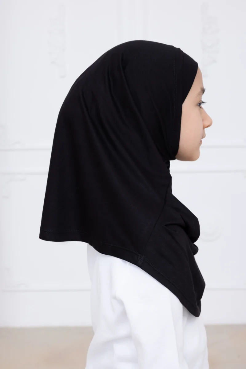 Pratik Hazır Geçmeli Çocuk Şal, Kendinden Boneli Lastikli Hijab Başörtü Siyah - 6