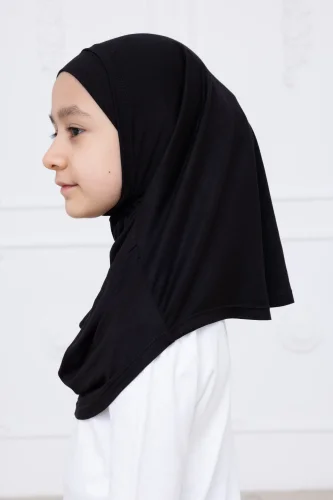 Pratik Hazır Geçmeli Çocuk Şal, Kendinden Boneli Lastikli Hijab Başörtü Siyah - 7