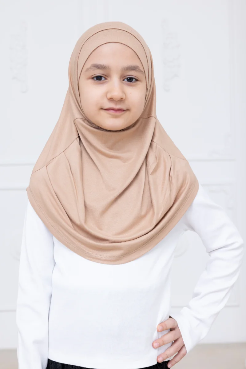 Pratik Hazır Geçmeli Çocuk Şal, Kendinden Boneli Lastikli Hijab Başörtü Vizon - 2