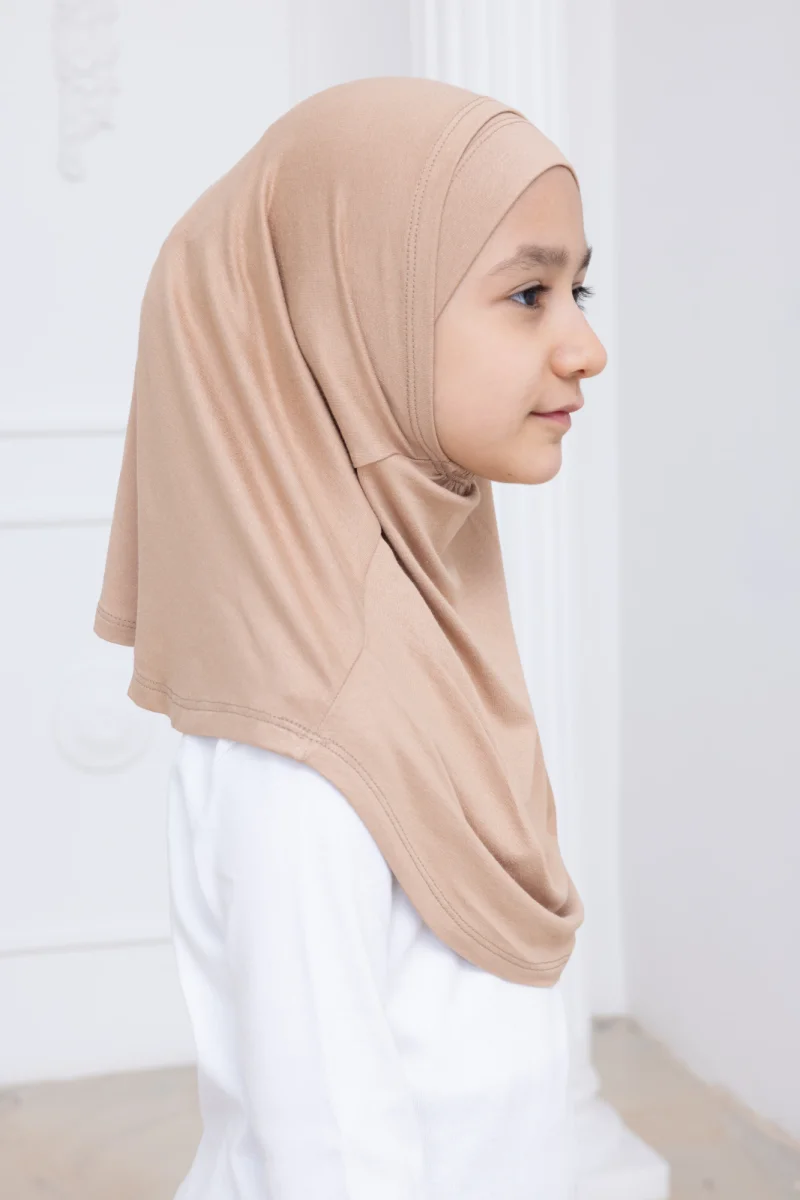 Pratik Hazır Geçmeli Çocuk Şal, Kendinden Boneli Lastikli Hijab Başörtü Vizon - 3