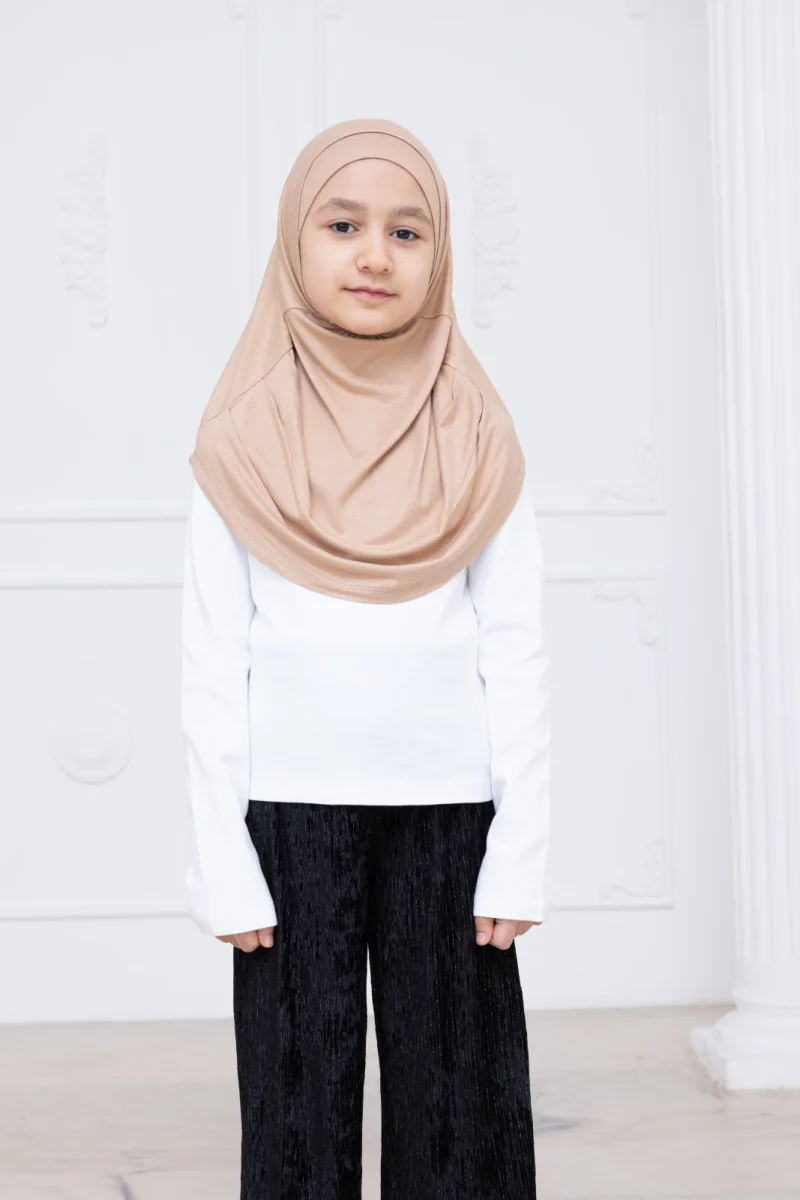 Pratik Hazır Geçmeli Çocuk Şal, Kendinden Boneli Lastikli Hijab Başörtü Vizon - 4