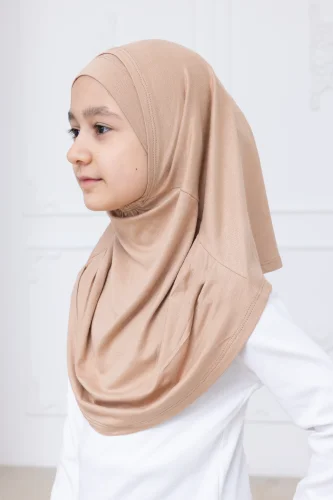 Pratik Hazır Geçmeli Çocuk Şal, Kendinden Boneli Lastikli Hijab Başörtü Vizon - 5