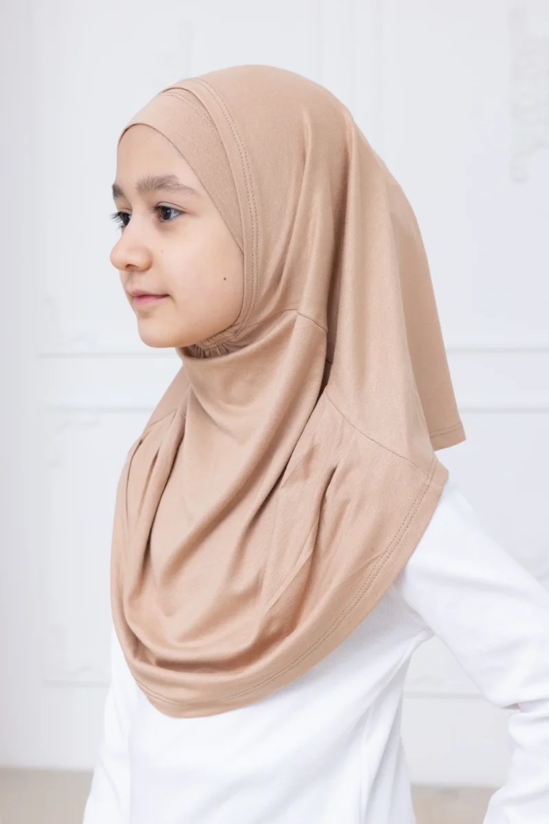 Pratik Hazır Geçmeli Çocuk Şal, Kendinden Boneli Lastikli Hijab Başörtü Vizon - 5