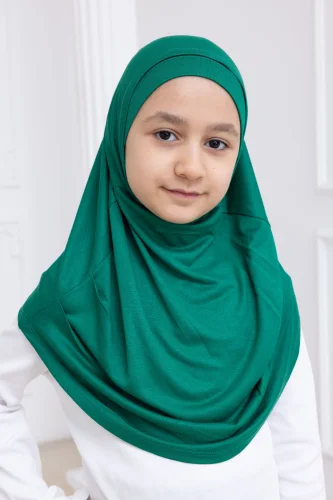Pratik Hazır Geçmeli Çocuk Şal, Kendinden Boneli Lastikli Hijab Başörtü Yeşil 