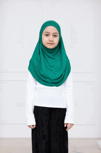 Pratik Hazır Geçmeli Çocuk Şal, Kendinden Boneli Lastikli Hijab Başörtü Yeşil - 3