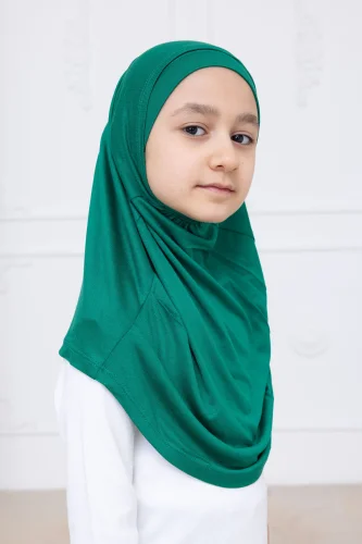 Pratik Hazır Geçmeli Çocuk Şal, Kendinden Boneli Lastikli Hijab Başörtü Yeşil - 4