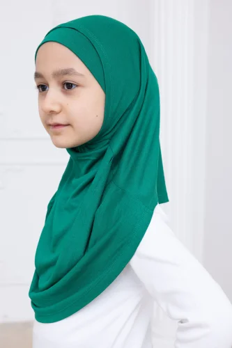 Pratik Hazır Geçmeli Çocuk Şal, Kendinden Boneli Lastikli Hijab Başörtü Yeşil - 5