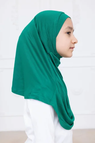 Pratik Hazır Geçmeli Çocuk Şal, Kendinden Boneli Lastikli Hijab Başörtü Yeşil - 6