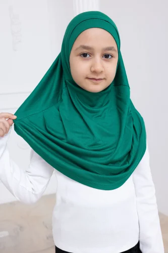 Pratik Hazır Geçmeli Çocuk Şal, Kendinden Boneli Lastikli Hijab Başörtü Yeşil - 7