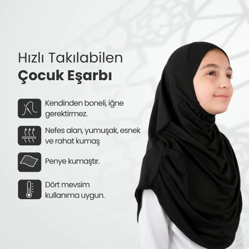 Pratik Hazır Geçmeli Çocuk Şal Siyah - 2