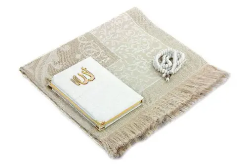 Prayer Rug Set - Slub Covered Yasin - Prayer Rug - Rosary - White Color - 3