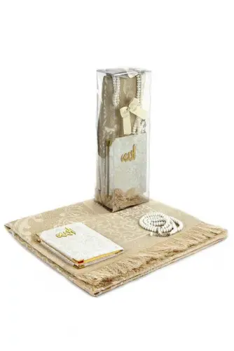 PVC Boxed Prayer Rug Set - Velvet Covered Yasin - Prayer Rug - Rosary - White Color - 2
