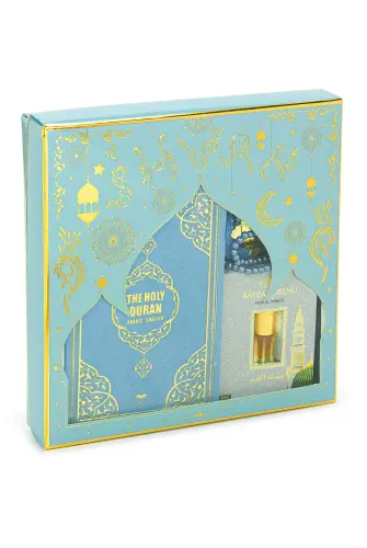 Quran with English Translation Medina Calligraphy and Prayer Rug Set Blue - ihvanonline (1)