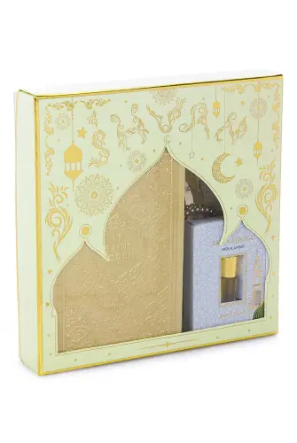Quran with French Meaning and Medina Calligraphy and Prayer Rug Set Cream - ihvanonline (1)