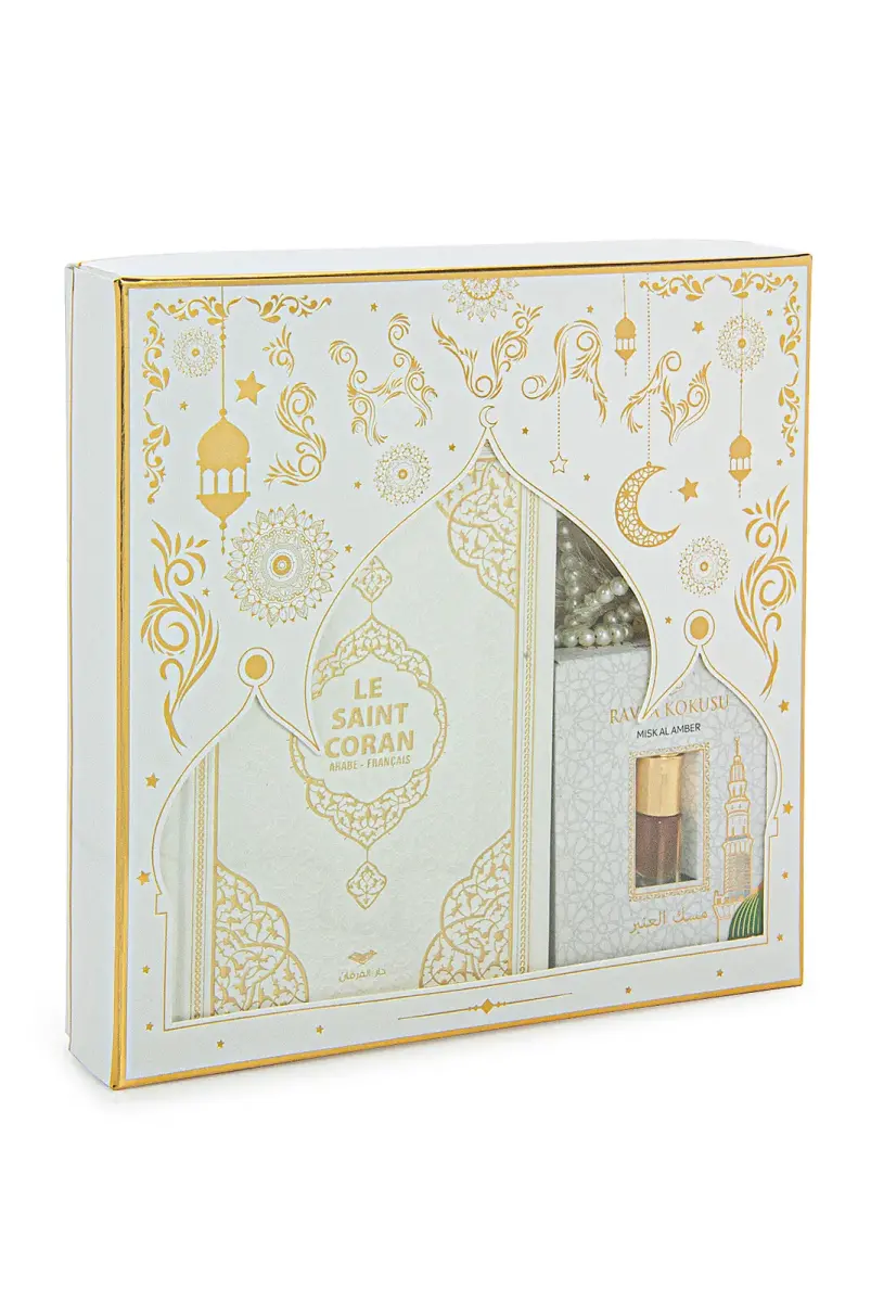 Quran with French Meaning and Medina Calligraphy and Prayer Rug Set White - 9