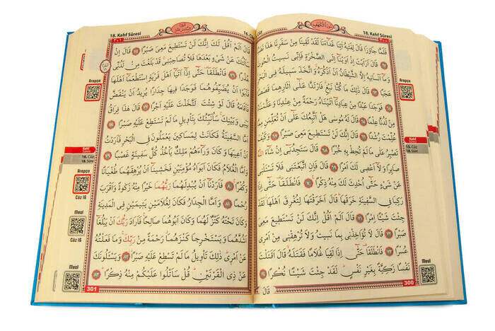 Quran Kerim - Allah Wordless - Computer Lined - Plain Arabic - Blue Color - Medium Size - Pearl Rosary Set - Thumbnail