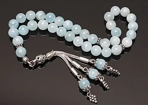 Real Aquamarine Stone Rosary-Spherical Cut Rosary-Silver-Accented Rosary-33-Bead Rosary-Original Natural Stone Rosary - 3
