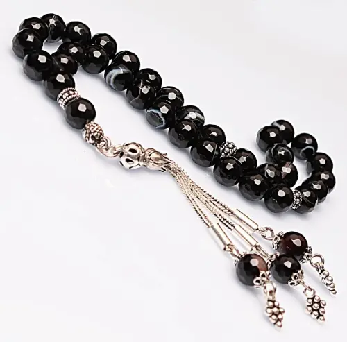 Real Black Agate Stone Rosary-Faceted Cut Rosary-Silver-Accented Rosary-33-Bead Rosary-Original Natural Stone Rosary - 1