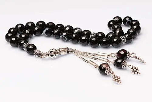 Real Black Agate Stone Rosary-Faceted Cut Rosary-Silver-Accented Rosary-33-Bead Rosary-Original Natural Stone Rosary - ihvanonline (1)