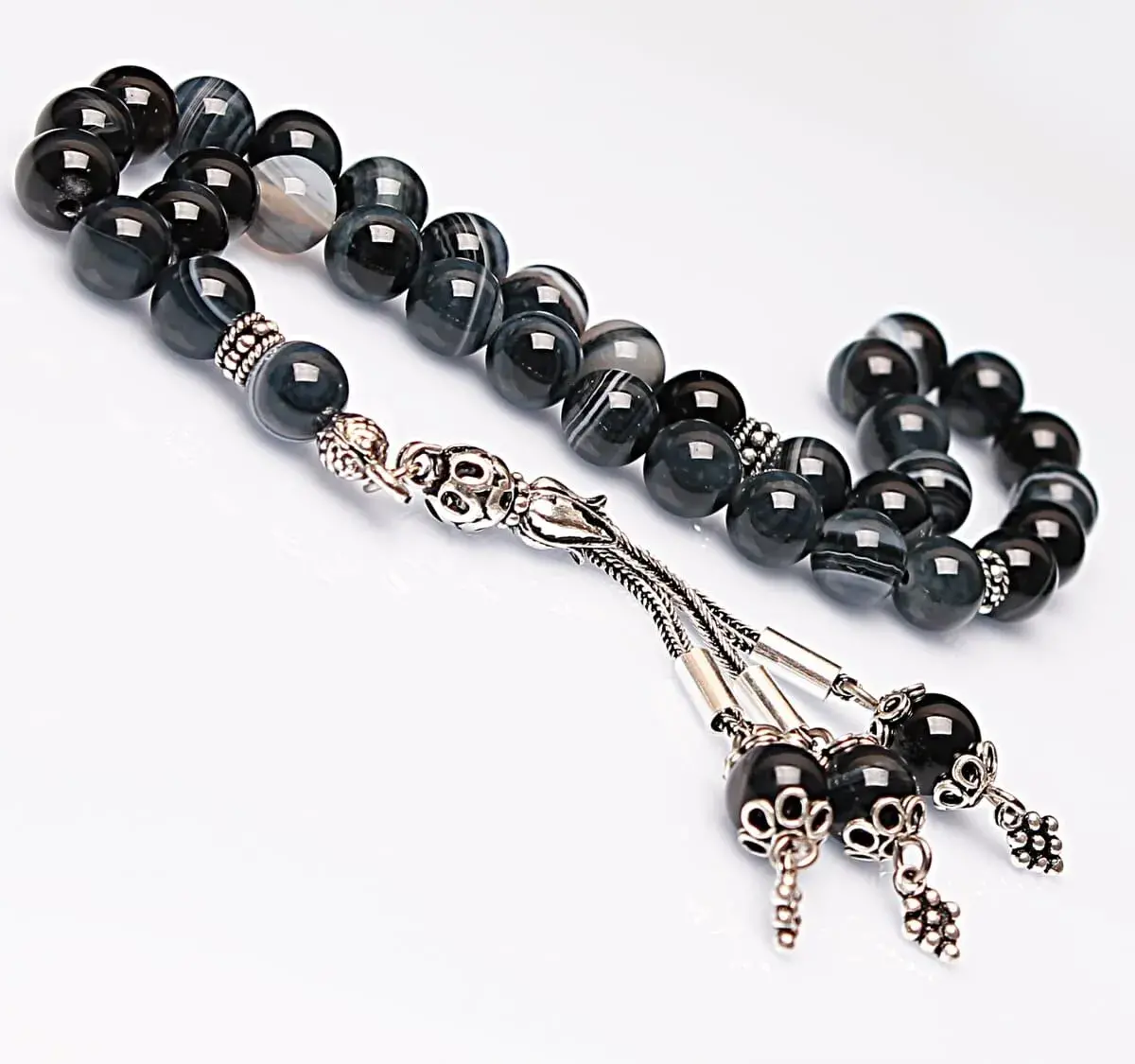 Real Black Agate Stone Rosary-Spherical Cut Rosary-Silver-Accented Rosary-33-Bead Rosary-Original Natural Stone Rosary - 1