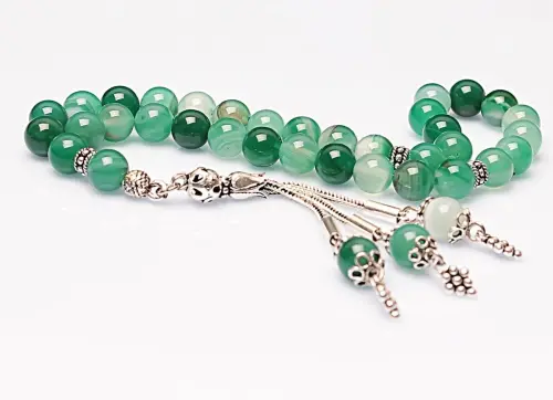 Real Veined Green Agate Stone Rosary-Spherical Cut Rosary-Silver-Accented Rosary-33-Bead Rosary-Original Natural Stone Rosary - ihvanonline (1)