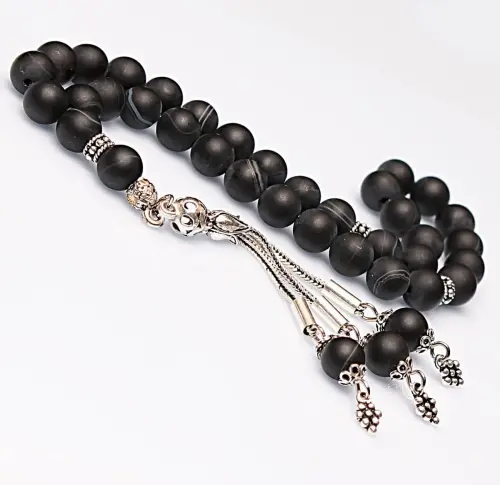Real Veined Matte Black Agate Stone Rosary-Spherical Cut Rosary-Silver-Accented Rosary-33-Bead Rosary-Original Natural Stone Rosary - 1