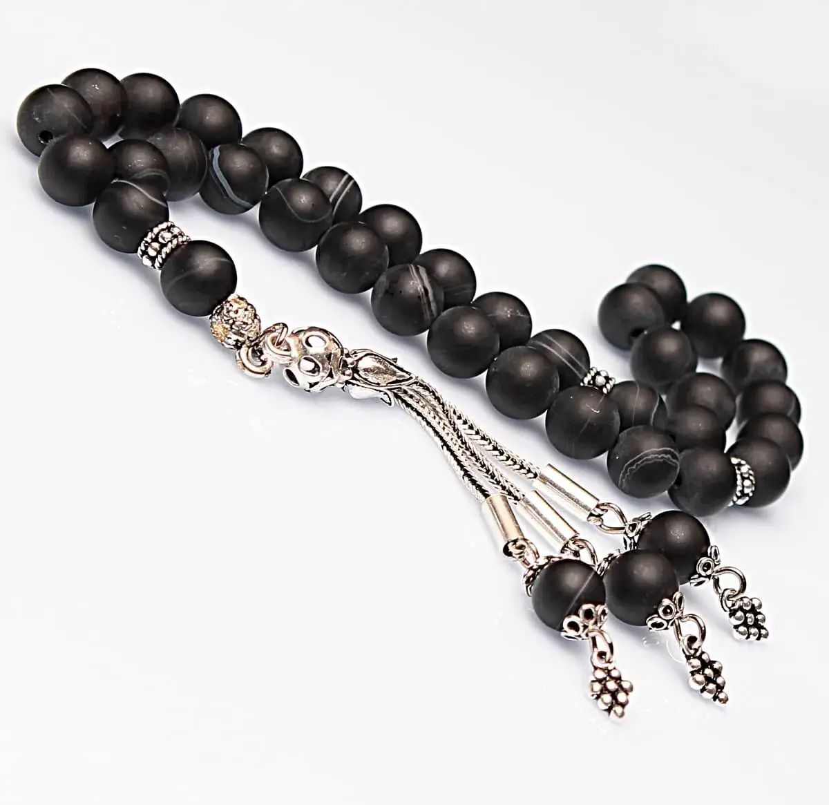 Real Veined Matte Black Agate Stone Rosary-Spherical Cut Rosary-Silver-Accented Rosary-33-Bead Rosary-Original Natural Stone Rosary - 1