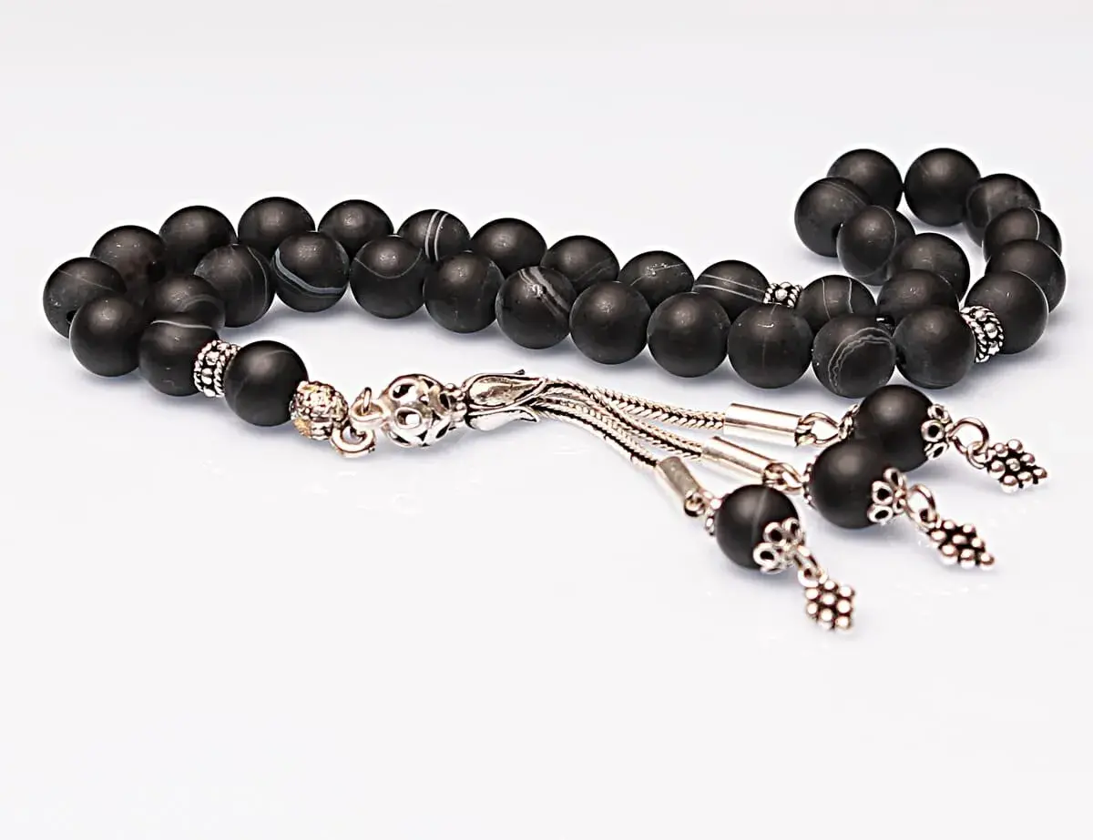 Real Veined Matte Black Agate Stone Rosary-Spherical Cut Rosary-Silver-Accented Rosary-33-Bead Rosary-Original Natural Stone Rosary - 2