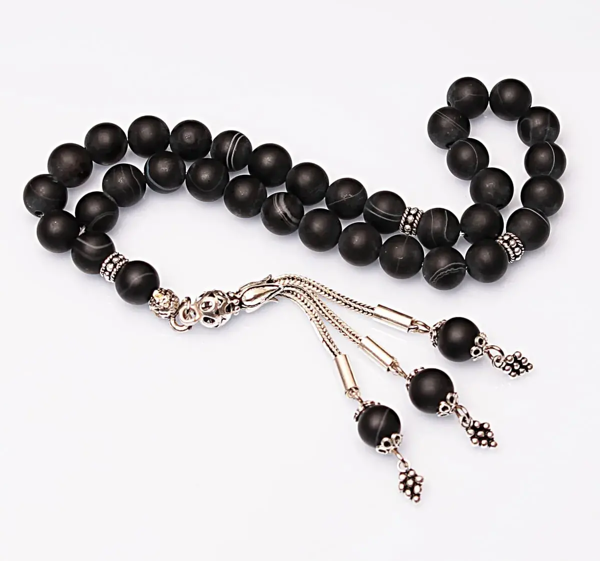 Real Veined Matte Black Agate Stone Rosary-Spherical Cut Rosary-Silver-Accented Rosary-33-Bead Rosary-Original Natural Stone Rosary - 3