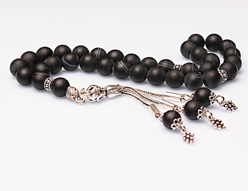 Real Veined Matte Black Agate Stone Rosary-Spherical Cut Rosary-Silver-Accented Rosary-33-Bead Rosary-Original Natural Stone Rosary - 2