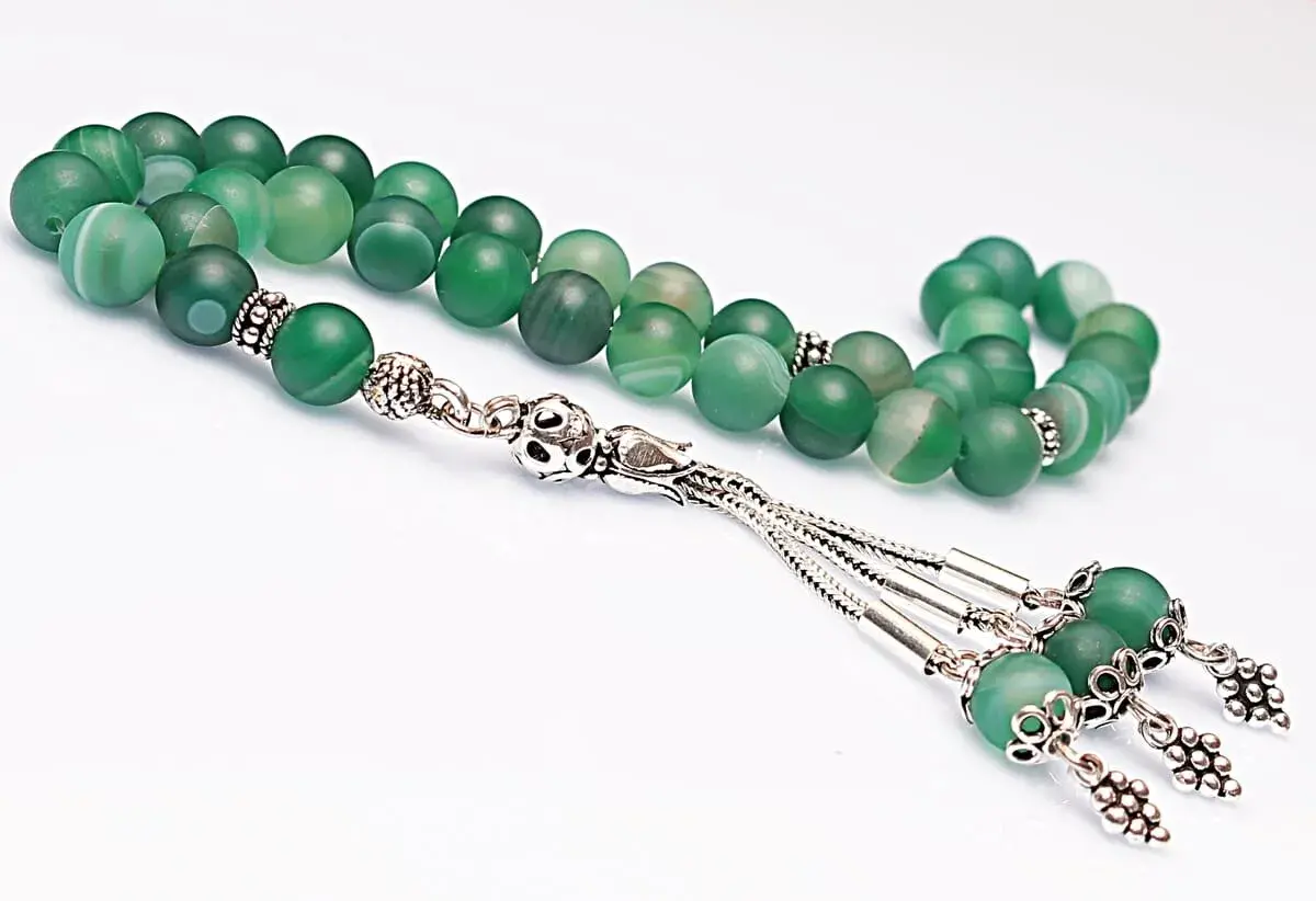 Real Veined Matte Green Agate Stone Rosary-Spherical Cut Rosary-Silver-Accented Rosary-33-Bead Rosary-Original Natural Stone Rosary - 1