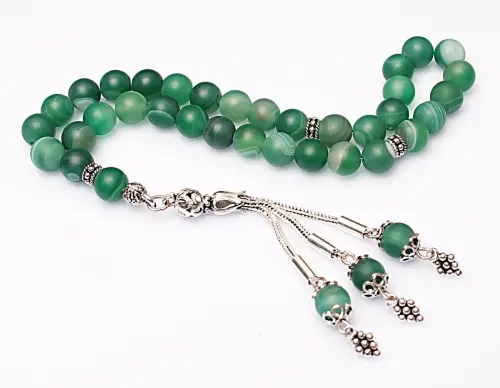 Real Veined Matte Green Agate Stone Rosary-Spherical Cut Rosary-Silver-Accented Rosary-33-Bead Rosary-Original Natural Stone Rosary - ihvanonline (1)