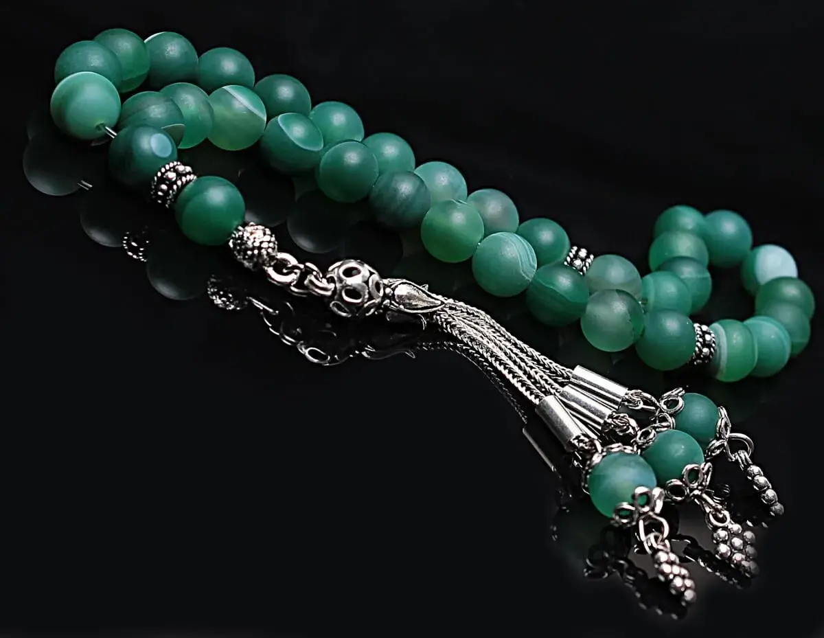 Real Veined Matte Green Agate Stone Rosary-Spherical Cut Rosary-Silver-Accented Rosary-33-Bead Rosary-Original Natural Stone Rosary - 3