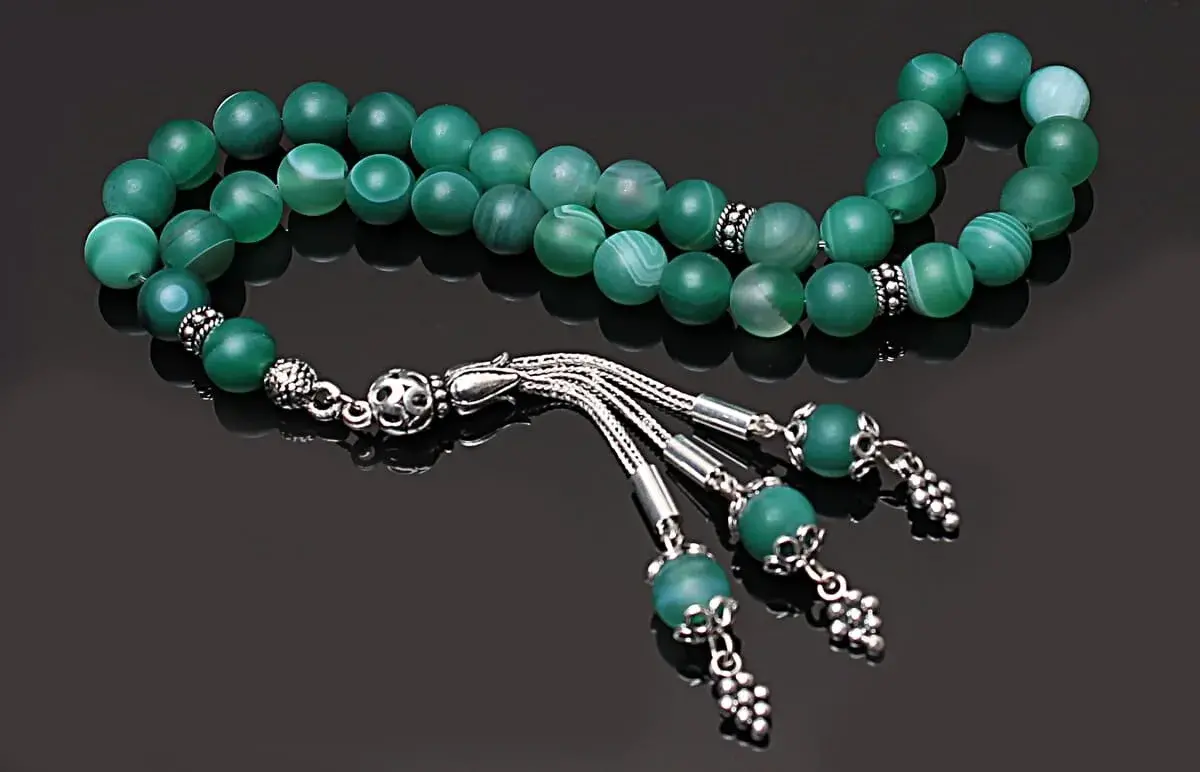 Real Veined Matte Green Agate Stone Rosary-Spherical Cut Rosary-Silver-Accented Rosary-33-Bead Rosary-Original Natural Stone Rosary - 4