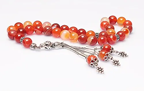 Real Veined Red Agate Stone Rosary-Spherical Cut Rosary-Silver-Accented Rosary-33-Bead Rosary-Original Natural Stone Rosary - ihvanonline (1)