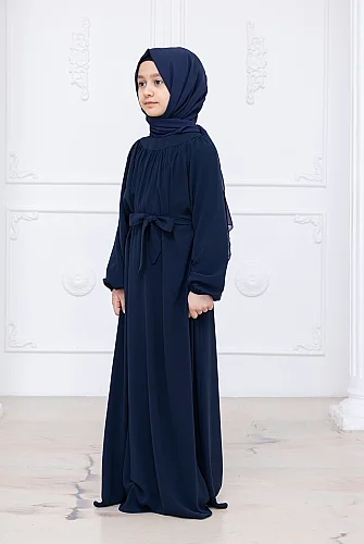Reglan Kol Büzgülü Kız Çocuk Elbisesi - Lacivert - 6