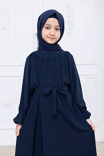 Reglan Kol Büzgülü Kız Çocuk Elbisesi - Lacivert - 8