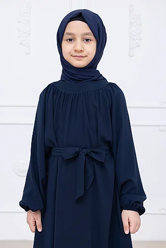 Reglan Kol Büzgülü Kız Çocuk Elbisesi - Lacivert - 9