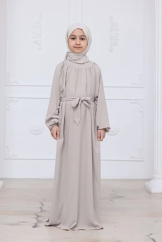 Reglan Kol Büzgülü Kız Çocuk Elbisesi - Taş Rengi 