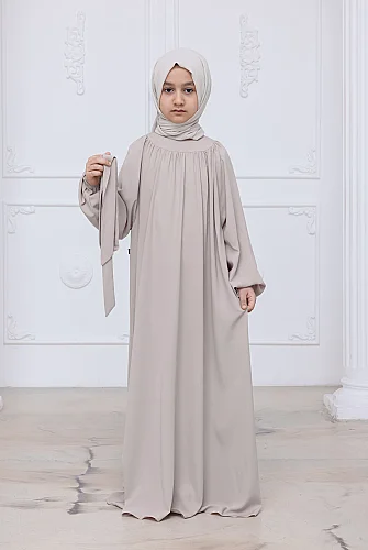 Reglan Kol Büzgülü Kız Çocuk Elbisesi - Taş Rengi - 3