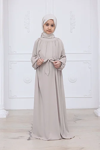 Reglan Kol Büzgülü Kız Çocuk Elbisesi - Taş Rengi - 5
