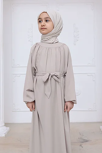 Reglan Kol Büzgülü Kız Çocuk Elbisesi - Taş Rengi - 6