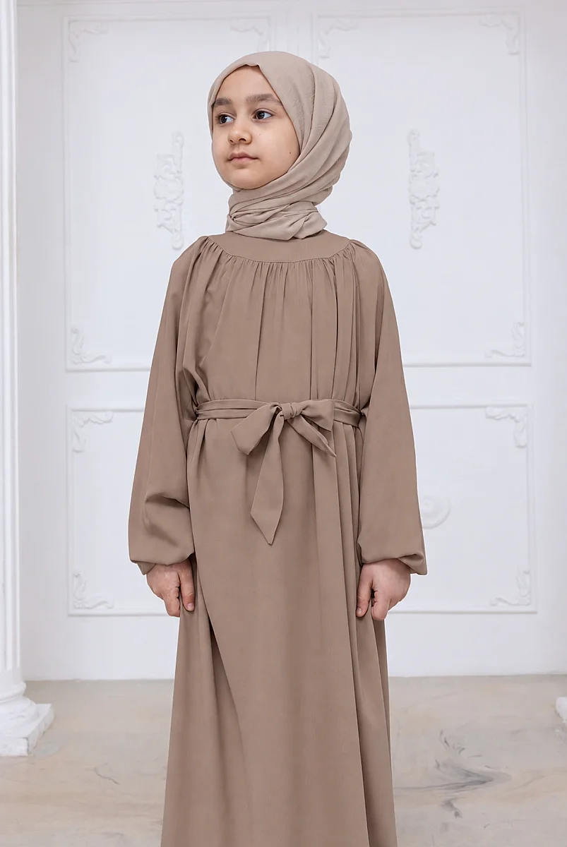 Reglan Kol Büzgülü Kız Çocuk Elbisesi - Vizon - 7