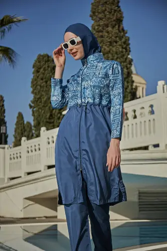 Remsa Rabia Çini Desenli Paraşüt Tam Kapalı Tesettür Mayo RMS-R040-26 Lacivert - 3