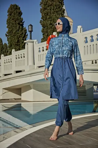 Remsa Rabia Çini Desenli Paraşüt Tam Kapalı Tesettür Mayo RMS-R040-26 Lacivert - 6