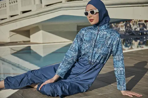 Remsa Rabia Çini Desenli Paraşüt Tam Kapalı Tesettür Mayo RMS-R040-26 Lacivert - 7
