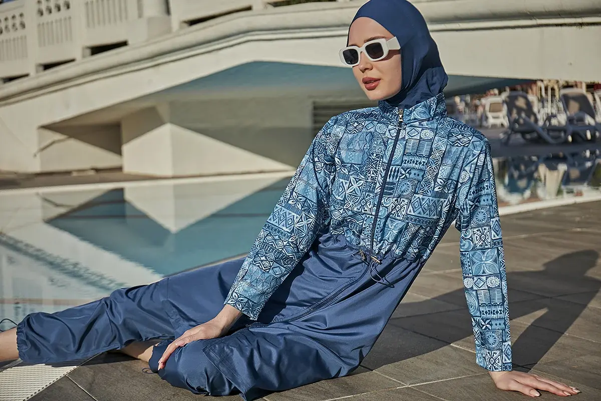 Remsa Rabia Çini Desenli Paraşüt Tam Kapalı Tesettür Mayo RMS-R040-26 Lacivert - 7