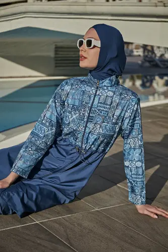 Remsa Rabia Çini Desenli Paraşüt Tam Kapalı Tesettür Mayo RMS-R040-26 Lacivert - 8